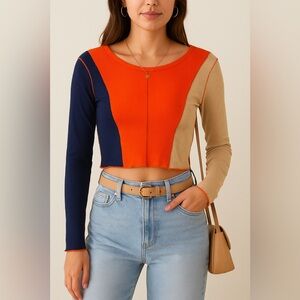 Papaya Orange, Navy, and Tan Colorblock Long Sleeve Top